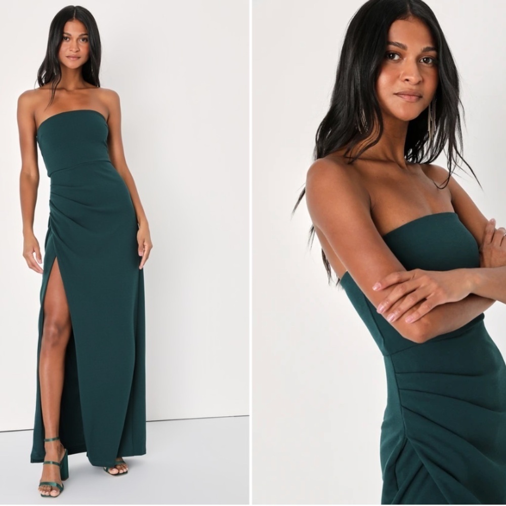 Lulu's Strapless Forest Green Ruched Side-Slit Gown